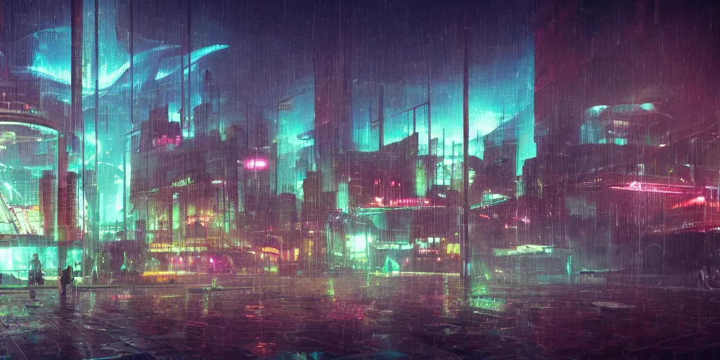 Prompt: dystopian martian city in a glass dome, depressing, rain, neon lights, digital matte painting