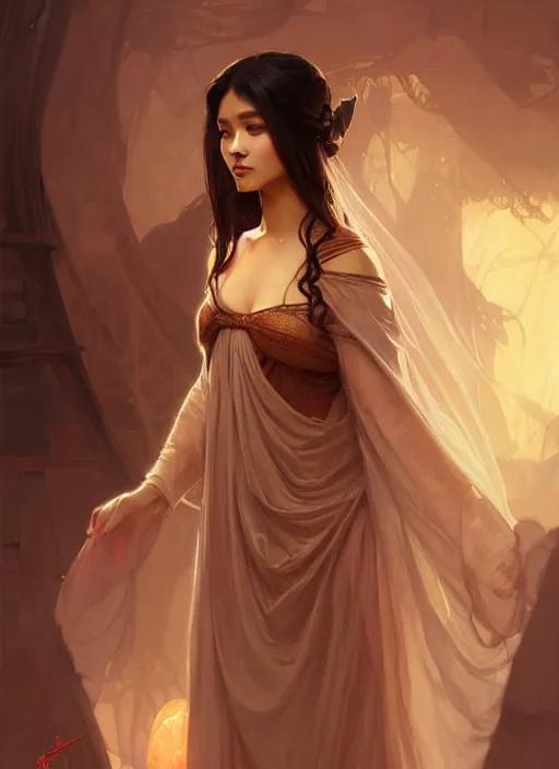 Image similar to cute brown woman wearing a transparent night gown and hanfu face veil, fantasy, intricate, highly detailed, digital painting, artstation, concept art, wallpaper, smooth, sharp focus, illustration, art by artgerm and greg rutkowski and alphonse mucha