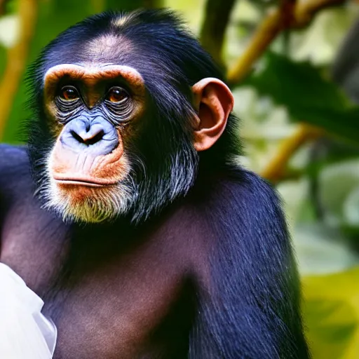 Prompt: A beautiful portrait of a chimpanzee in a white wedding dress in a tropical garden, photorealistic, soft focus