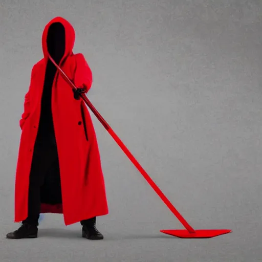 Prompt: Red hooded trench coat faceless person holding a scythe in a red background, cartoon style