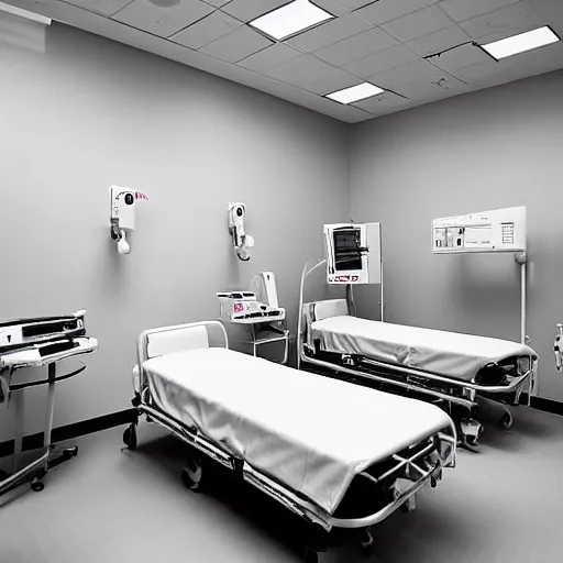 Prompt: empty hospital, empty hospital room with medical equipment, hospital color photograph