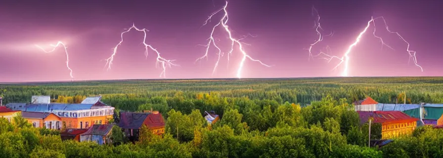 Image similar to view on sleeping district in province russian town at morning sunrise, doomer romantic lightning, squared buildings, trees