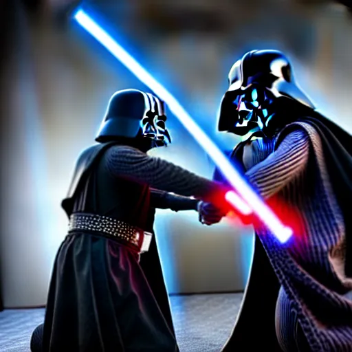 Image similar to ultra detailed picture of a fight between darth vador and anakin skywalker, unreal engine, extremely detailed, epic, dark, highly realistic, beautiful, ultra hd