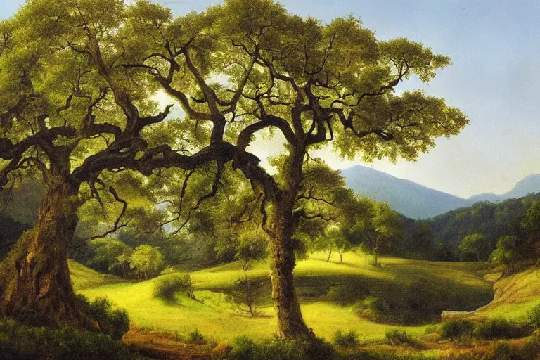 Image similar to masterpiece painting of oak trees on a hillside overlooking a creek, dramatic lighting, by a. y. jackson