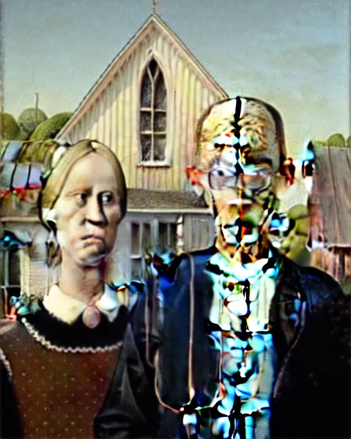 Prompt: American Gothic painting by Hieronymus Bosch