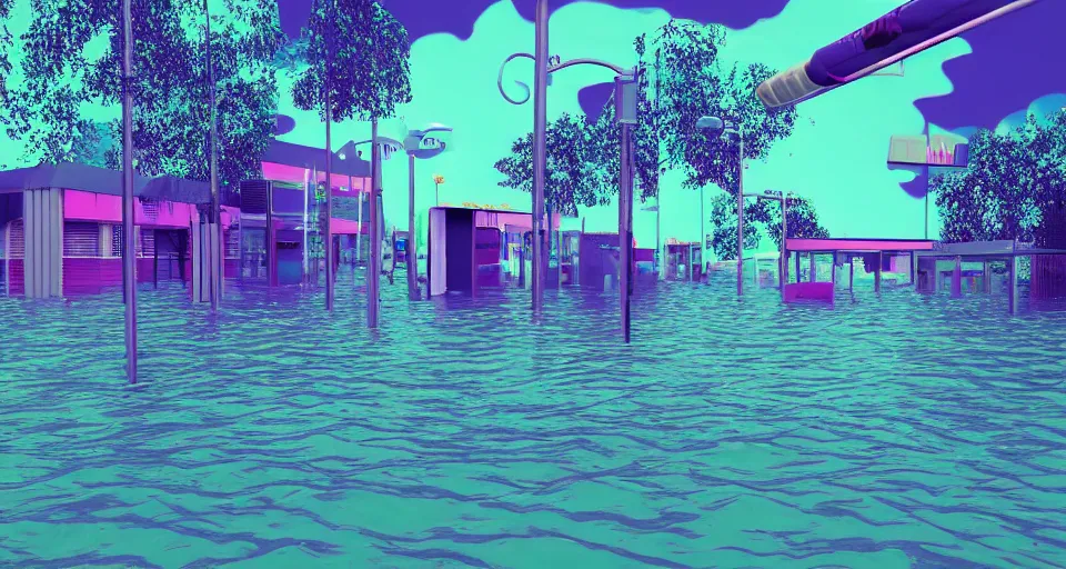 Image similar to 80s VHS vaporwave outrun 3d Render of a flooded german playground, liminal space retro, grainy, noisy