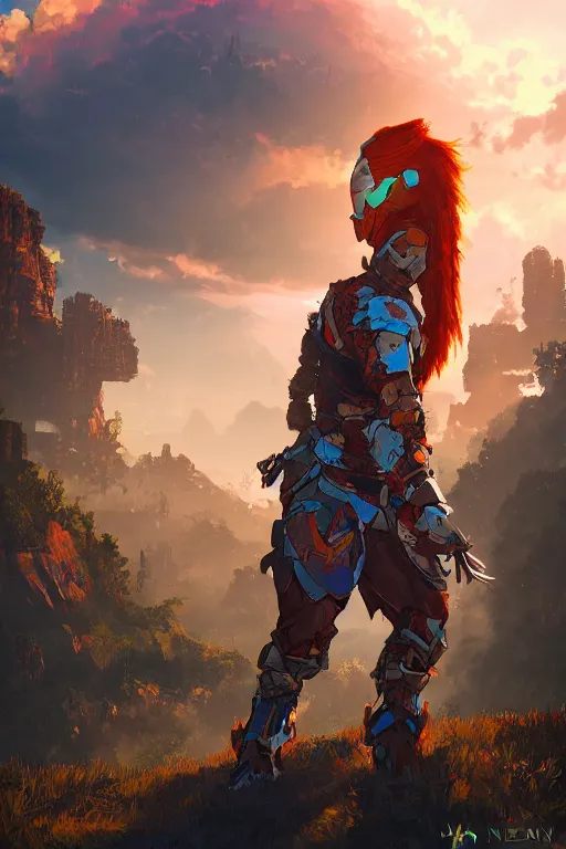 Image similar to combination suit armor aloy horizon forbidden west horizon zero dawn radiating a glowing aura global illumination ray tracing hdr fanart arstation by ian pesty and alena aenami artworks in 4 k tribal robot ninja mask helmet backpack