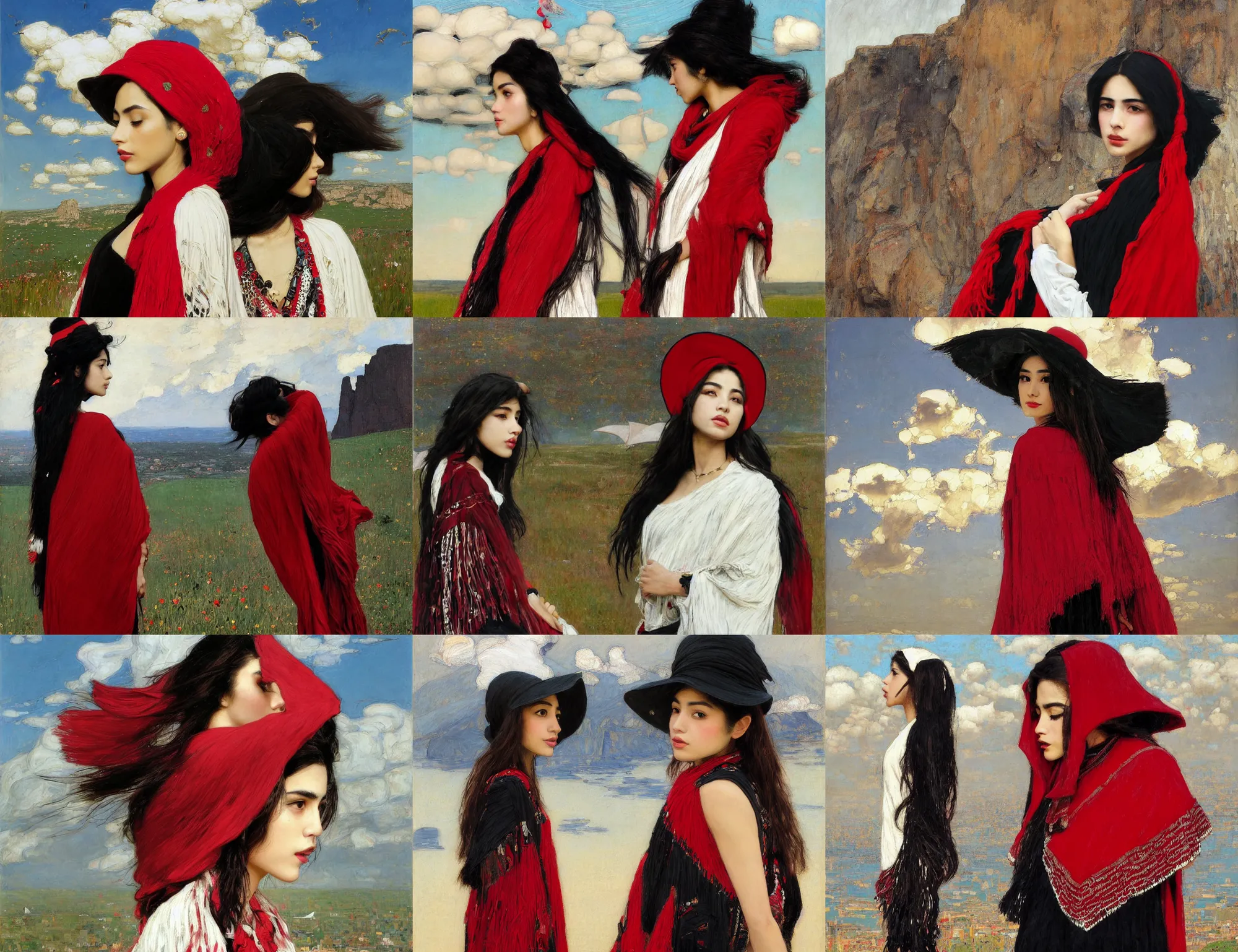 Prompt: profile side portrait of single fashionable young iranian asian girl wearing rich jewerly hat and black and red and white boho poncho standing on extremely strong wind in elegant decollete, low view, sitting dynamic pose, Low poly, thunder clouds in the sky, nature, artwork by john william waterhouse and Denis Sarazhin and klimt and rhads and Dean Ellis and Detmold Charles Maurice