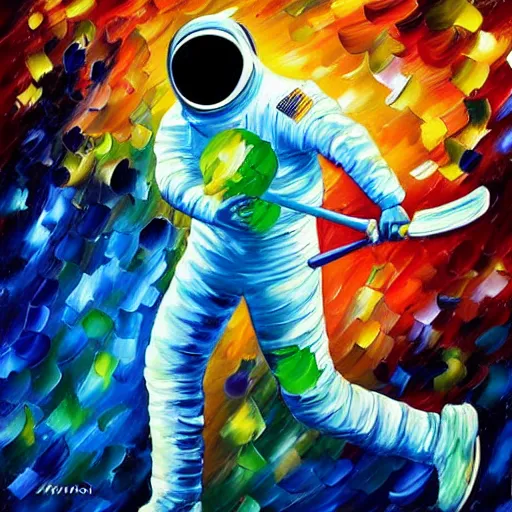 Prompt: painting of an astronaut playing tennis in a scenic cosmic environment by leonid afremov, hyperdetailed astronaut suit, astronaut, green tennis ball, action shot