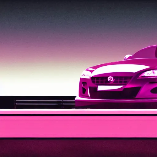 Image similar to grey RX-8 driving through stylized synthwave city night time beautiful