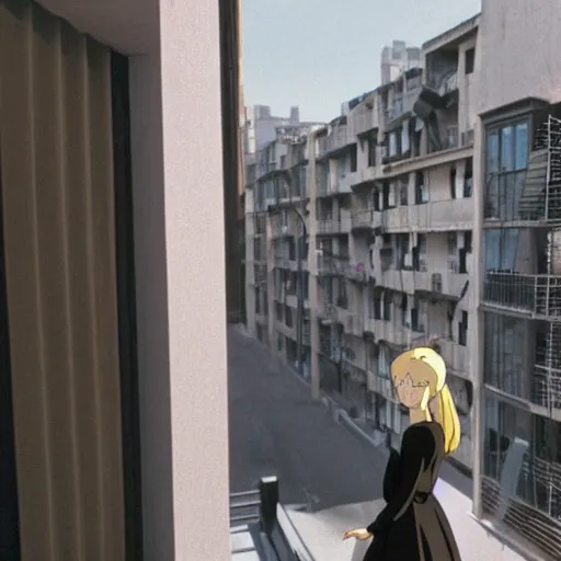 Prompt: a blonde woman wearing black with a ponytail stands on her balcony, still from urban scenes directed by Hayao Miyazaki