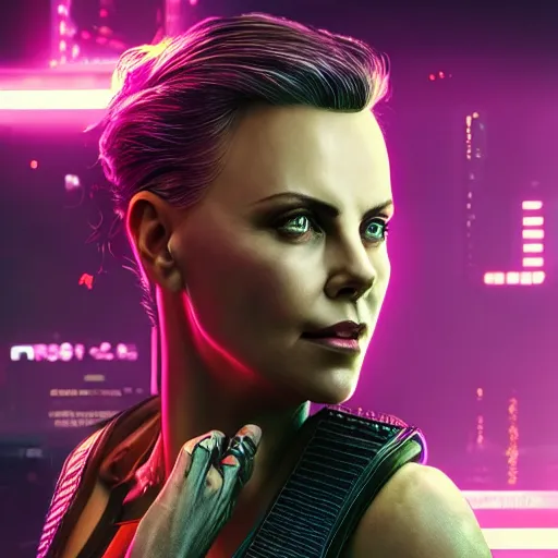 Image similar to charlize theron portrait, cyberpunk 2 0 7 7, cyberpunk judy alvarez, photorealistic, ultra detailed, neon, octane, bokeh, cinematic lighting, cyber, cyberpunk city, studio quality, feature, scars, cyberface, 8 k