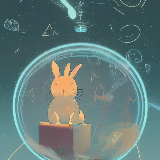 Image similar to A rabbit full of hope, looking for a black hole in an infinite time loop by Victo Ngai and Ghibli andlisk feng and atey ghailan