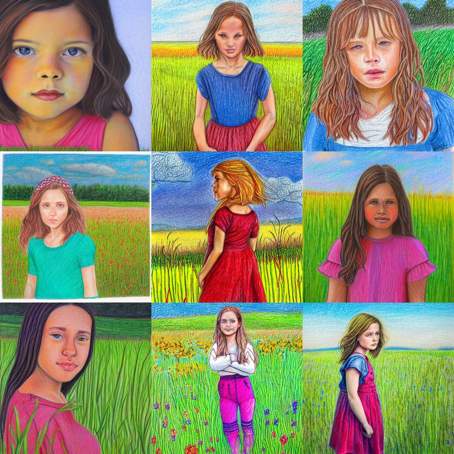 Prompt: portrait colored pencil drawing of girl standing in field looking at camera, bright, vibrant, spirited