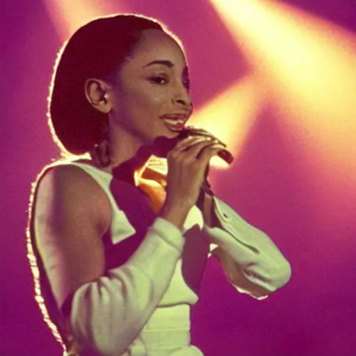 Prompt: picture of Sade Adu with sunlight behind her singing