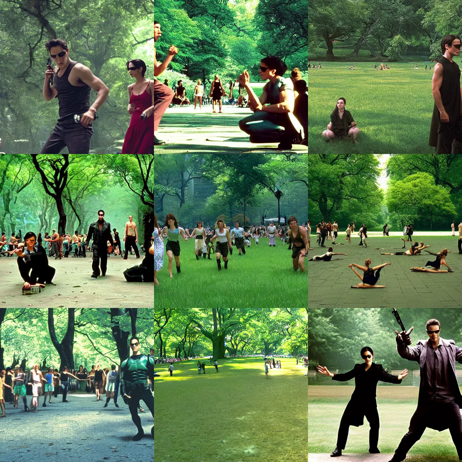 Prompt: Movie still of Central Park in the summer, The Matrix