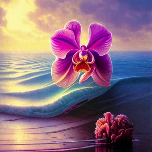 Prompt: detailed giant orchid flower surrounded by ocean wave, lsd water, ripples, transparent droplets, backlit, sunset, refracted lighting, art by collier, albert aublet, krenz cushart, artem demura, alphonse mucha