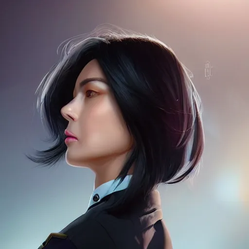 Prompt: futuristic portrait of a middle aged beautiful female police officer with jet black hair , backlit , made by Stanley Artgerm Lau, WLOP, Rossdraws, ArtStation, CGSociety, concept art, cgsociety, octane render, trending on artstation, artstationHD, artstationHQ, unreal engine, sfw, 4k, 8k,
