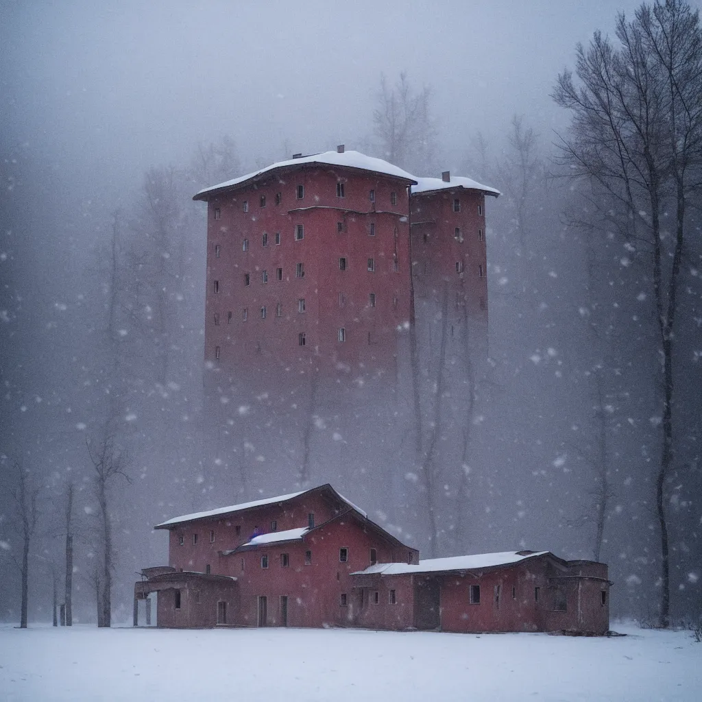 Image similar to landscape with brutalistic soviet architecture style abandoned lifeless house, near foggy forest, dark winter evening, snowing, strong, blizzard, atmospheric, mystical, very detailed 4 k, professional photography