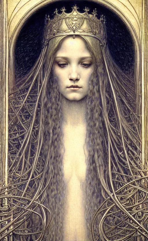 Image similar to detailed realistic beautiful young medieval queen face portrait by jean delville, gustave dore and marco mazzoni, art nouveau, symbolist, visionary, gothic, pre - raphaelite. horizontal symmetry