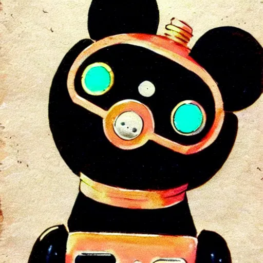 Image similar to a cute retro black pomeranian robot!!!!!! ( ( ( alcohol ink on parchment, muted colors, shading!!!, detailed, textured parchment background, 1 9 5 0 s concept art ) ) )