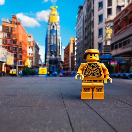 Image similar to hyperrealistic giant enormous lego minifigure walking over city street, street view, epic lighting, composition, view from ground, buildings, cars, sky, road, hd, hyperrealistic