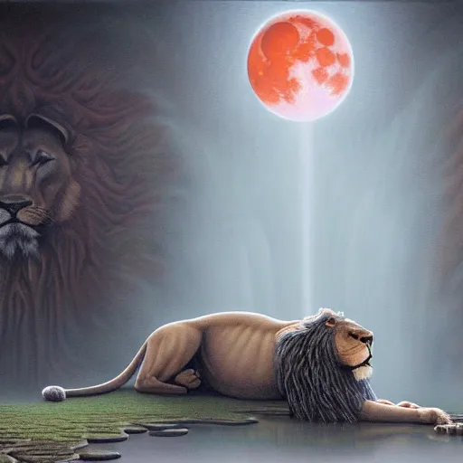 Image similar to an anthromorphic lion meditating in a zen garden with a waterfall under the blood moon, by Adi granov and afarin sajedi and amanda sage and evgeni gordiets and Agostino Arrivabene and adonna khare in a psychedelic portrait style, ultrarealistic matte painting, volumetric lighting, fractal, extremely symmetrical, highly detailed face, orisha, 8k, hd