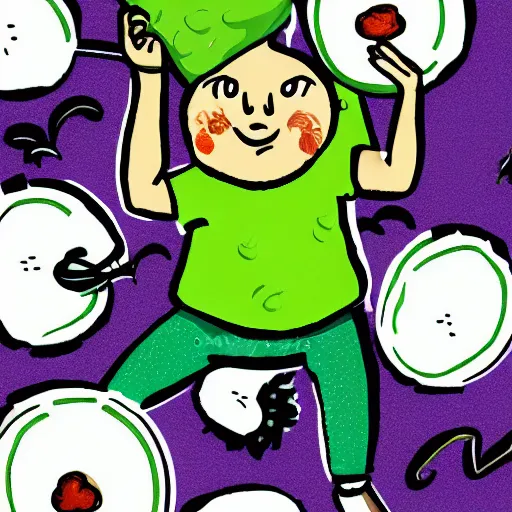 Image similar to an illustration of a child with a runny nose and sauerkraut arms running over peas, digital art