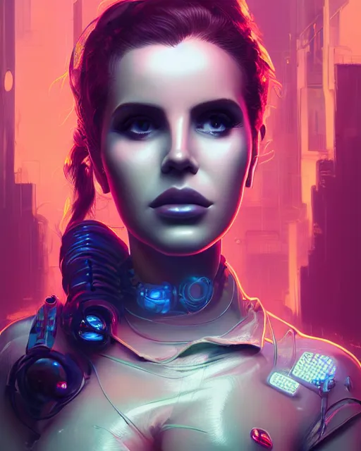 Image similar to portrait of lana del rey as a cyberpunk cyborg. roses, sci - fi, missing panels, intricate abstract upper body intricate artwork, by tooth wu, wlop, beeple, dan mumford. concept art, octane render, deviantart, greg rutkowski, cinematic, key art, hyperrealism, iridescent accents