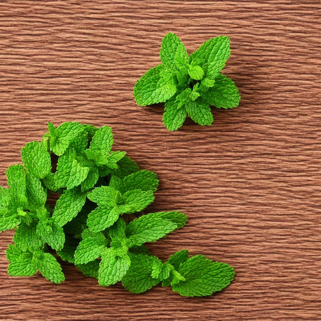 Prompt: top-down view of mint on top of a wooden table, 4k, photorealistic