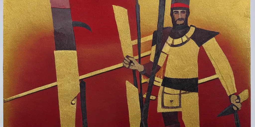 Image similar to textured art deco painting of roman soldier with spear, geometric, gold and deep dark red background with lightning bolt