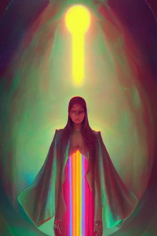 Image similar to patron saint of 🛸🌈👩🏾, futuristic clothing, neon god of city character portrait, in the style of moebius, tom bagshaw, and waterhouse, cinematic lighting, beautiful, elegant, oil painting,