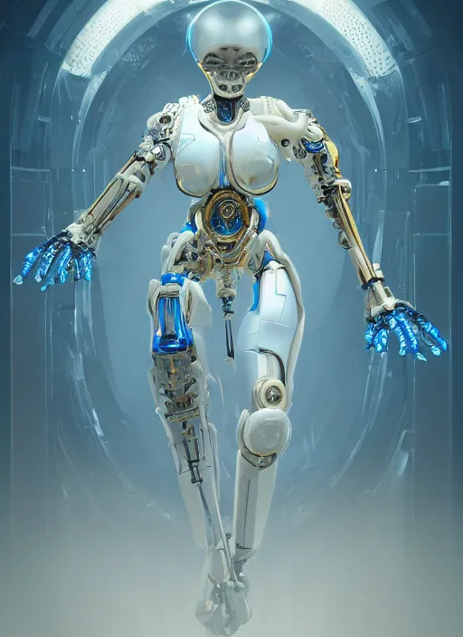 Image similar to benevolent cyborg necromancer, scifi, futurism, helpful, kind, intelligent, alien room background, white, blue, gold, highly detailed, trending on artstation, soft light, sharp edges, illustration, technology, art by vitaly bulgarov and nivanh chanthara