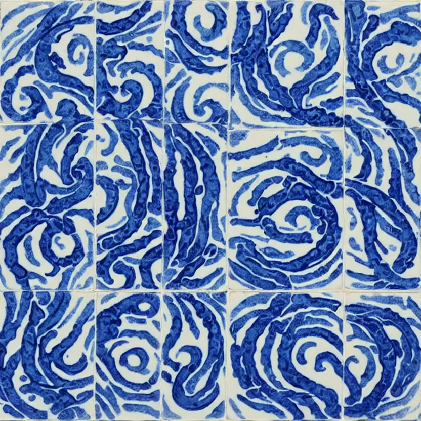 Prompt: azulejo blue and white painted tile art of cthulhu
