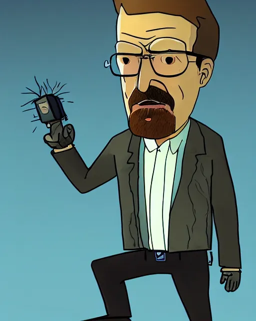 Image similar to portrait of walter white in the style of justin roiland. heisenberg from breaking bad. cinematic lighting. style of rick & morty. photographic, photography. by justin roiland