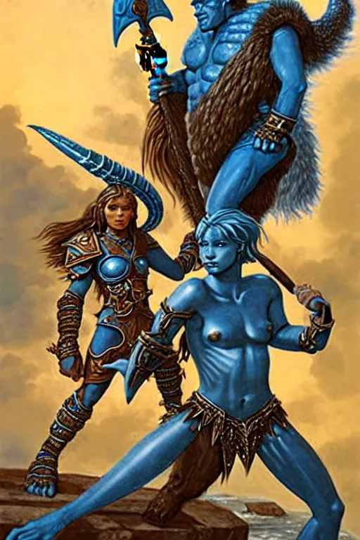 Prompt: a small blue-skinned triton girl wearing scale armor riding on a the shoulders of a large male goliath wearing fur and leather armor, dnd concept art, painting by Jeff Easley