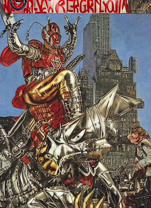 Image similar to a griffin in metal and leather armour lands in a new york plaza, by norman rockwell and jason fabok and tom lovell and frank schoonover and jack kirby and alex ross