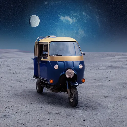 Image similar to a dark blue bajaj tuk tuk traveling on the surface of the moon, moon craters, night sky, milky way, hard lighting, matte painting, concept art, 4k