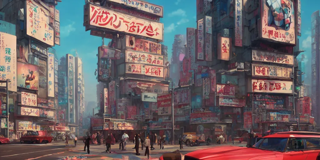 Image similar to A highly fantasy detailed matte painting of Buildings with Japanese Billboards and neonsigns by Studio Ghibli, Makoto Shinkai, by Artgerm, by WLOP, by Greg Rutkowski, volumetric lighting, octane render, 4K resolution, trending on artstation, masterpiece