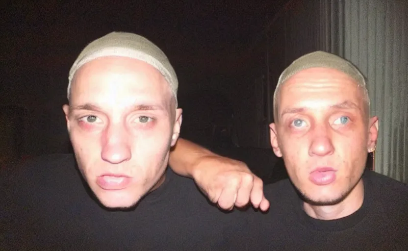 Image similar to my uncle that look like eminem if he was poor asf accidentally taking a selfie, front camera, camera flash is so bright in his face, viral, selfie, viral on twitter, viral on instagram, viral photo