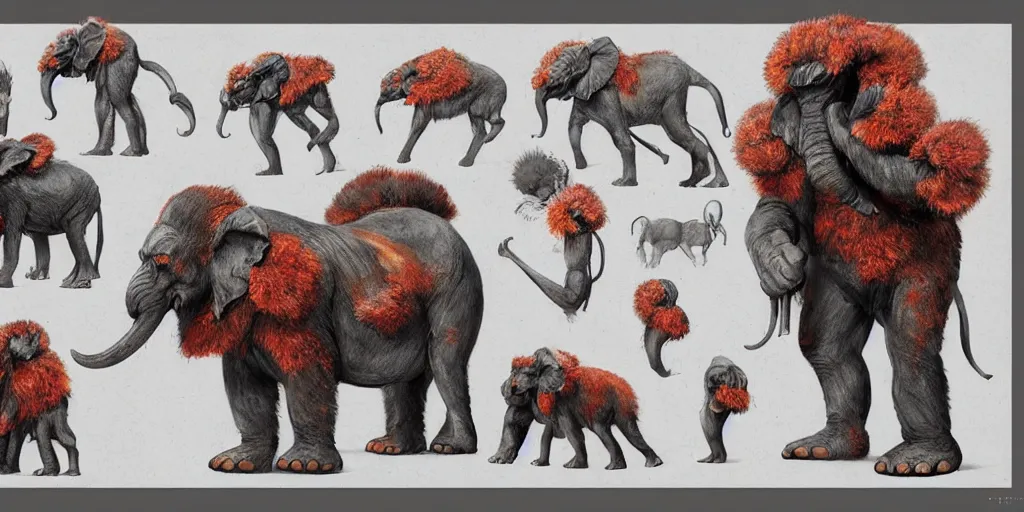 Image similar to Fungi Gorilla Elephant creature character design sheet, Monster Hunter Illustrations art book, Bright colored accent on its fur, claws, muscular, spores, Moebius, Greg Rutkowski, Zabrocki, Karlkka, Jayison Devadas, Phuoc Quan, trending on Artstation, 8K, ultra wide angle, zenith view, pincushion lens effect.