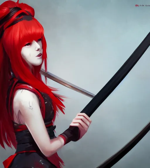 Image similar to a girl with red hair holding a katana, samurai outfit, japanese clothes, ponytail, action shot, highly detailed, digital painting, artstation, concept art, smooth, sharp focus, cosplay, illustration