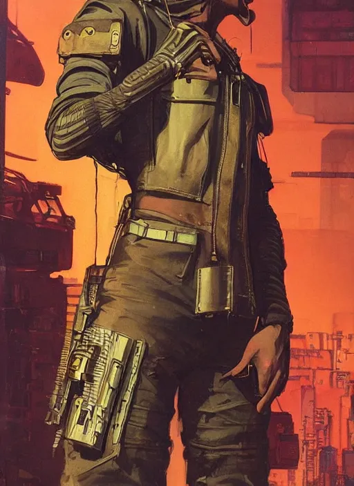 Image similar to menacing cyberpunk mercenary in military vest and jumpsuit. dystopian. portrait by stonehouse and mœbius and will eisner and gil elvgren and pixar. realistic proportions. cyberpunk 2 0 7 7, apex, blade runner 2 0 4 9 concept art. cel shading. attractive face. thick lines.