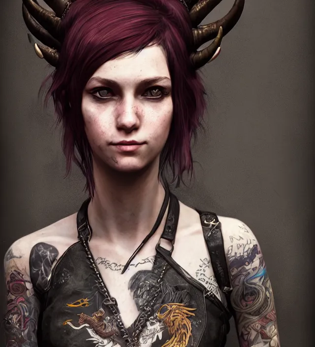 Prompt: a portrait of a punk girl with dragon horns on her head, hyper detailed, digital art, trending in artstation, cinematic lighting, studio quality, smooth render, unreal engine 5 rendered, octane rendered, art style by klimt and nixeu and ian sprigger and wlop and krenz cushart