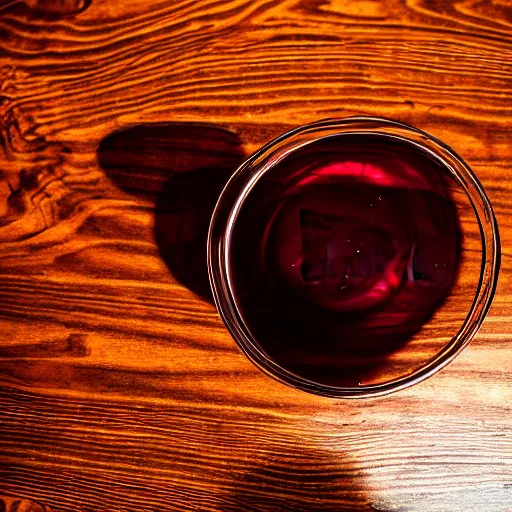 Prompt: a glass of ruby porto on a wooden table in a bar, a piece of dark chocolate on a little plate next to the glass, nice angle, caustics effects, professional food photography