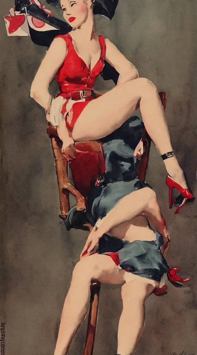 Prompt: a portrait full body pin up post war dressing a military unioform,with, water color, Gil Elvgren style
