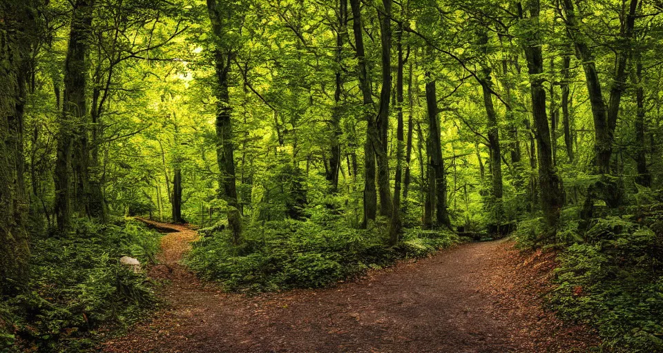 Image similar to A landscape photo of beautiful forest pathway scenery. PROMPT, XF IQ4, 150MP, 50mm, f/1.4, ISO 200, 1/160s, natural light, Adobe Photoshop, Adobe Lightroom, DxO Photolab, Corel PaintShop Pro, rule of thirds, symmetrical balance, depth layering, polarizing filter, Sense of Depth, AI enhanced