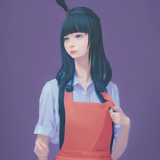 Image similar to a very very very very beautiful full body portrait of a young woman wearing an apron, kantoku, james gilleard, lois van baarle, ilya kuvshinov, rossdraws, very detailed, matte, gaussian blur, tone mapped