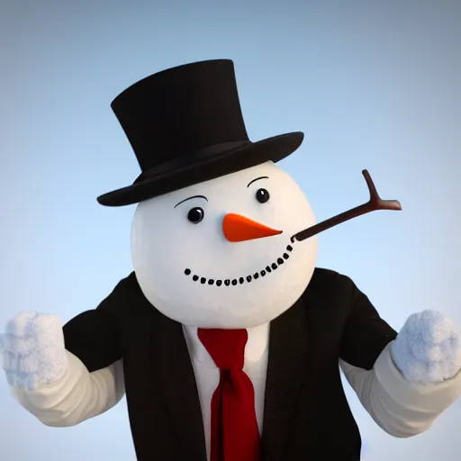 Image similar to a highly detailed humanoid snowman in business suit with black eyes and mouth, no nose, hyperrealism, professional, octane render, digital art