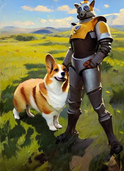 Image similar to Greg Manchess painting of a Corgi in Power Armor, countryside, calm, fantasy character portrait, dynamic pose, above view, sunny day, artwork by Jeremy Lipkin and Giuseppe Dangelico Pino and Michael Garmash and Rob Rey, very coherent asymmetrical artwork, sharp edges, perfect face, simple form, 100mm